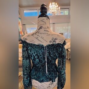 #Smart Guess Ghost Leaf Leopard Teal Blouse! BNWT $79